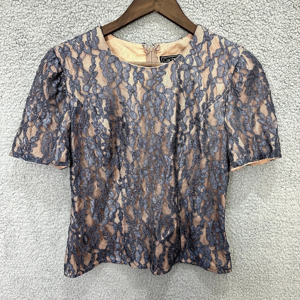 Cachet by Bari Protas Floral Lace Short Sleeve Blouse Womens Small Gray Feminine